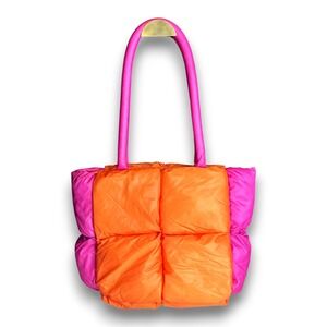 Amika Puffer Tote Bag Orange Pink Quilted Holiday Edition Top Handle Funky Bold